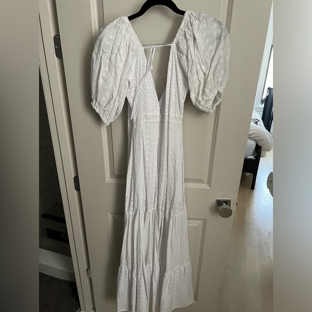 White eyelet maxi dress, puff sleeve